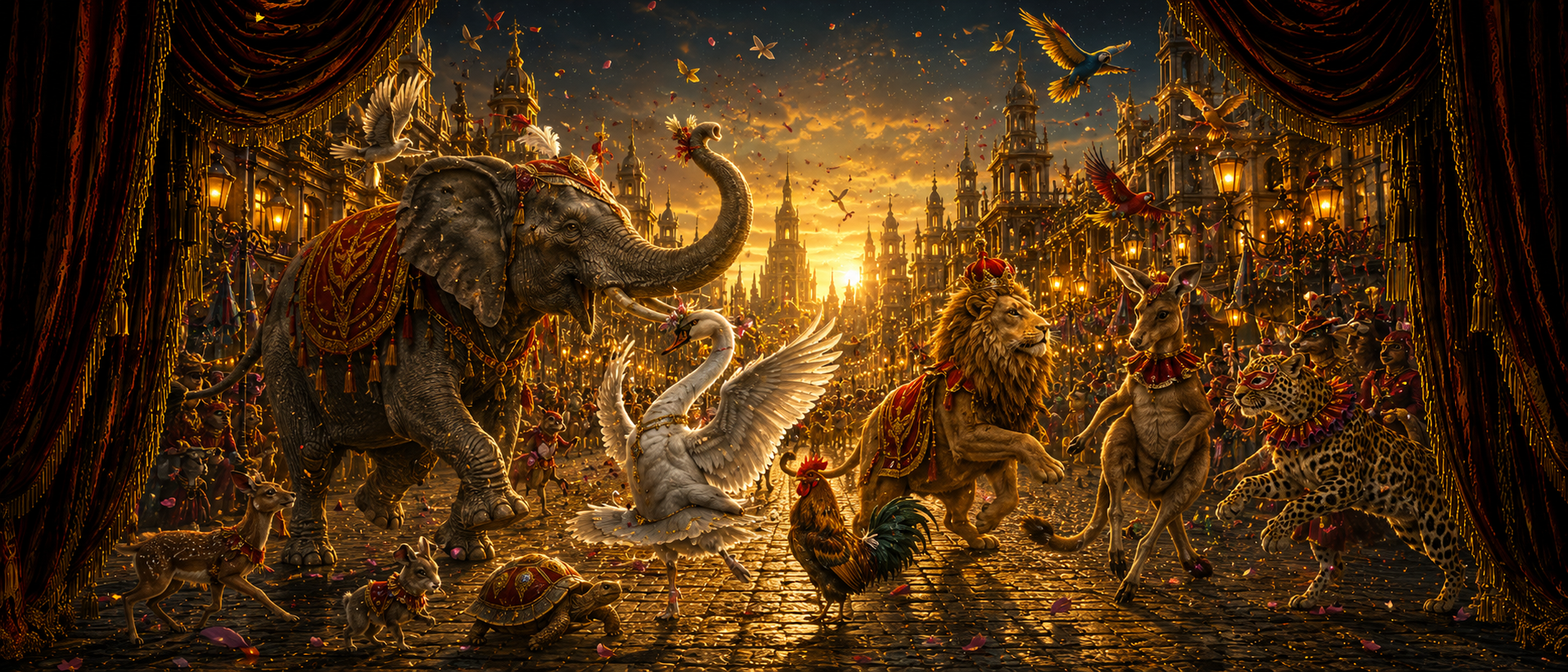 A theatrical governance carnival scene with animals gathered before an ornate illuminated gate leading to a city of consequence.